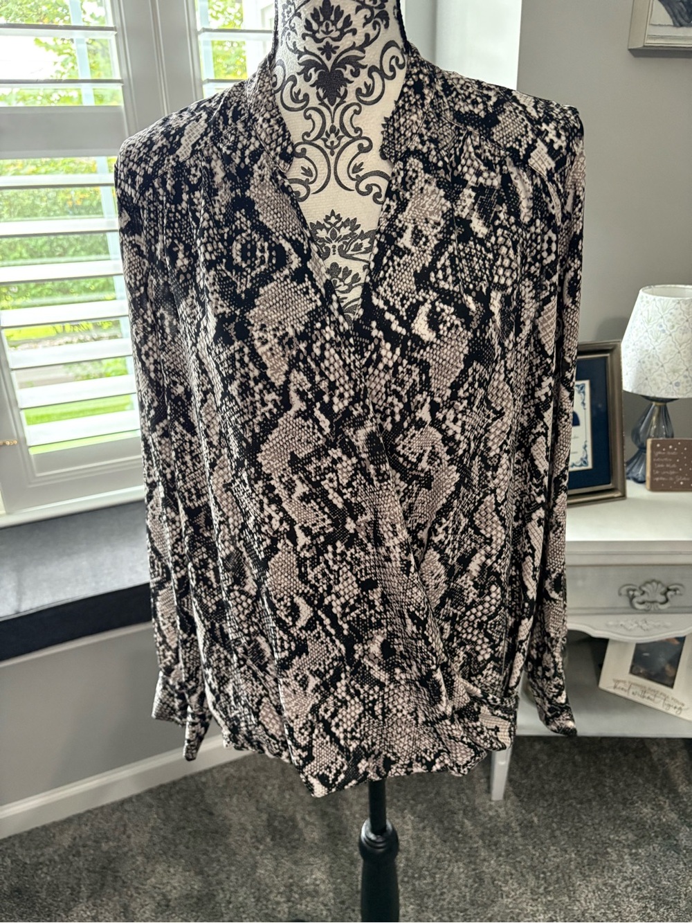 Womens Black & Cream Snake Print faux Wrap Top